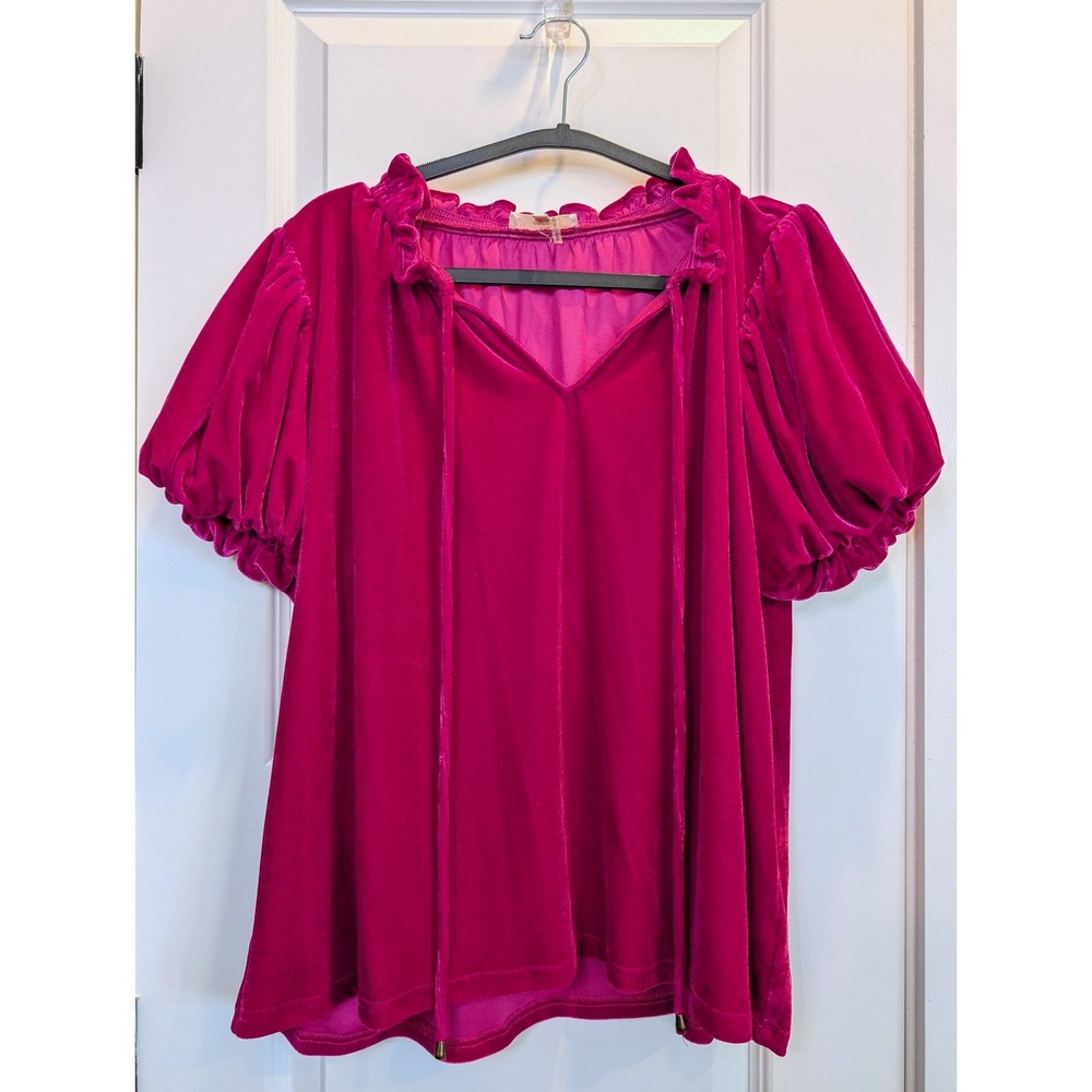Entro Ruffle Neck Velvet Puff Sleeve Top Magenta Pink